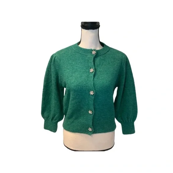 Zara Green Sweater Cardigan with flower gems - Picture 2 of 12